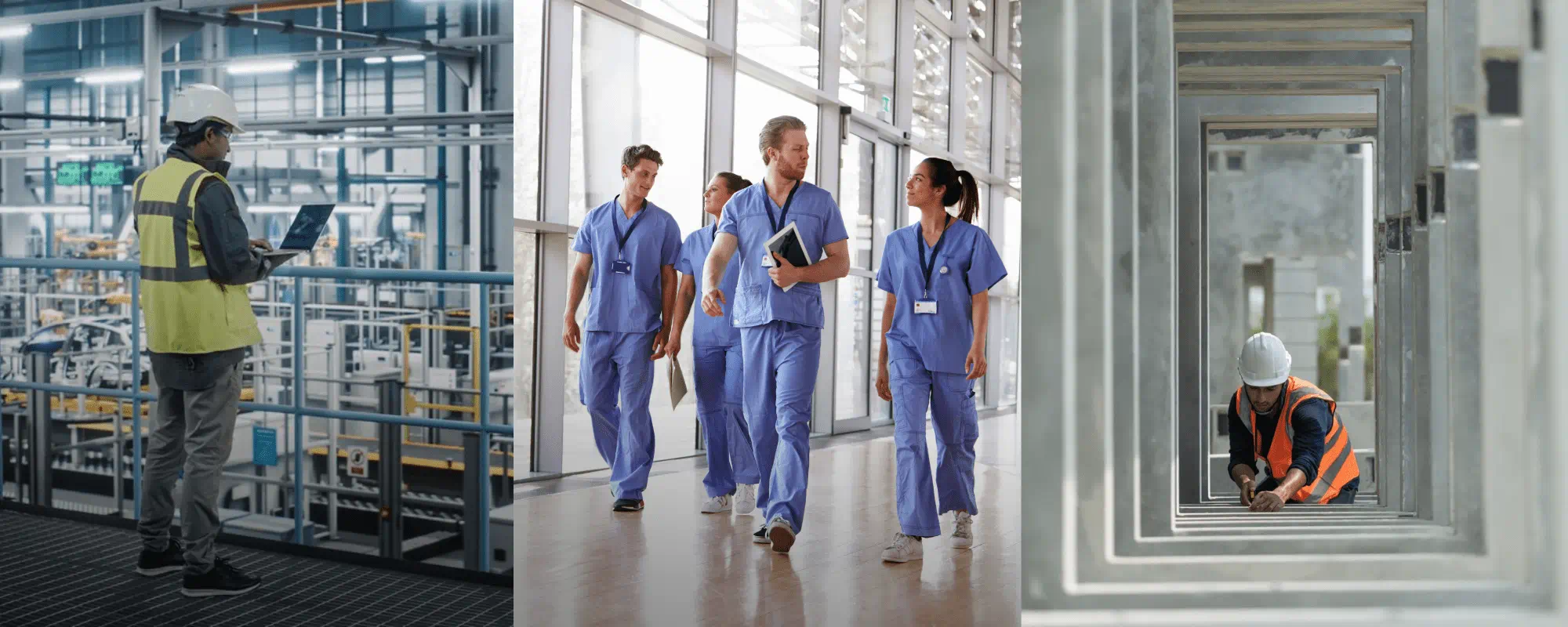Montage de trois scènes : un ingénieur avec un ordinateur portable dans une usine, un groupe de soignants en tenue marchant, et un ouvrier du bâtiment mesurant à l’intérieur d’un cadre en béton.
