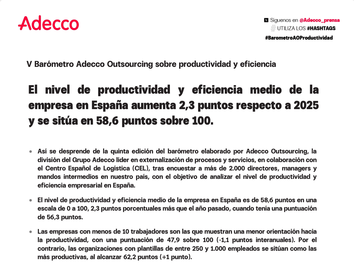 Barómetro Adecco Outsourcing sobre productividad y eficiencia 2026, primera parte