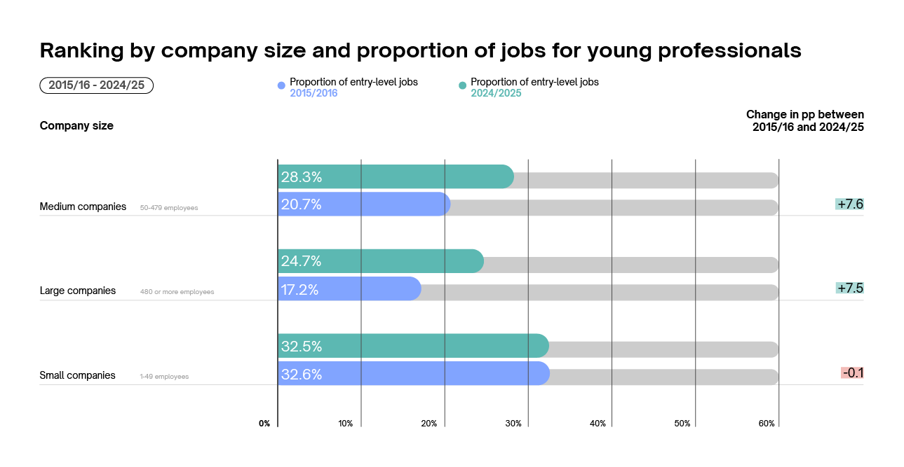 Ranking by company size and proportion of jobs for young professionals in 2024/25  Ranking by company size and proportion of jobs for young professionals in 2024/25