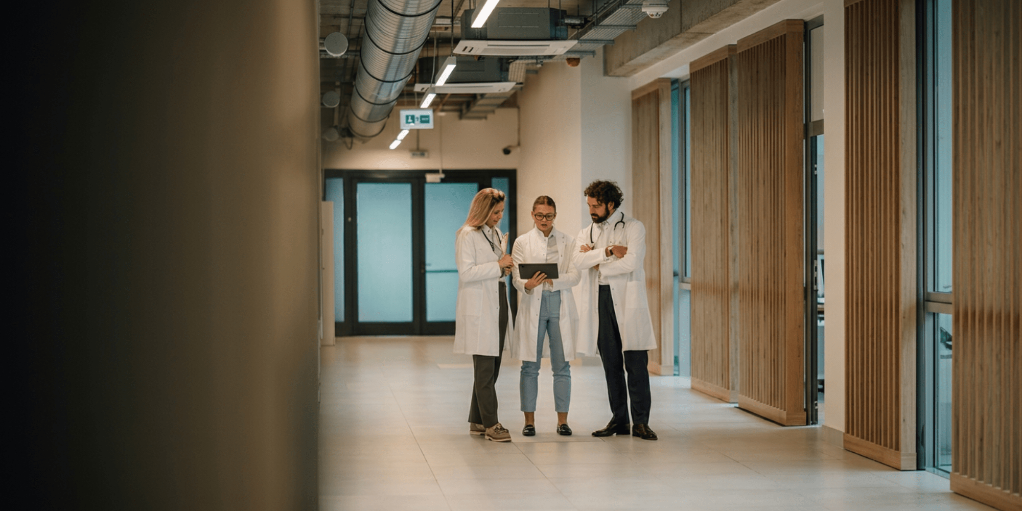 Trois professionnels de santé lors d'une rencontre fortuite dans le couloir d'un hôpital